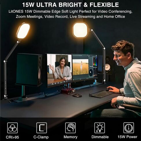 LitONES Video Conference Lighting for Computer, Zoom, Video Recording,White | 15W Desk Ring Light with C- Clamp, Swing Arm, Remote, Memory & Timer CRI 97.8, Video Lighting for Webcam,Streaming, Podcast in Saudi Arabia
