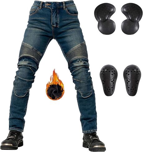 سروال دراجة نارية شتوي بالإضافة إلى جينز مخملي للدراجات النارية مقاوم للتآكل مع مدرعة قابلة للإزالة للركبة CE للرجال in Kuwait