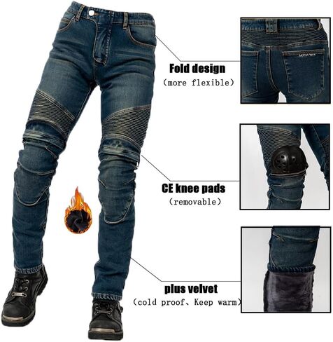 سروال دراجة نارية شتوي بالإضافة إلى جينز مخملي للدراجات النارية مقاوم للتآكل مع مدرعة قابلة للإزالة للركبة CE للرجال in Kuwait