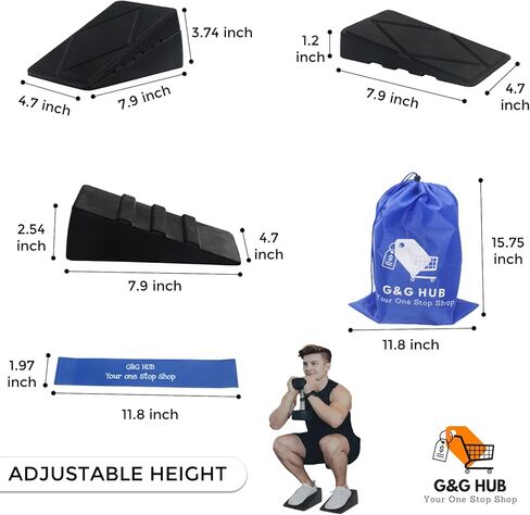 كتلة إسفين القرفصاء من G&G HUB (4 قطع) منحدر القرفصاء وشريط القرفصاء قابل للتعديل وغير قابل للانزلاق، إسفين الرفعة المميتة، نقالة العجل، لوح مائل، لوح مائل لتحسين قوة القرفصاء والرفعة الميتة in Kuwait