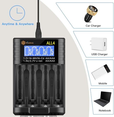 شاحن بطارية عالمي ALL4 1.5 فولت LCD ليثيوم أيون قابل لإعادة الشحن 1.5 فولت مع مدخل USB C، شاحن بطارية عالمي لبطاريات 1.5 فولت/1.2 فولت/14500 ليثيوم أيون قابلة للشحن AA AAA in Kuwait