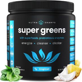 NutraChamps Super Greens Powder Premium Superfood | 20+ Organic Green Veggie Whole Foods | Alfalfa, Spirulina, Chlorella & More | Antioxidant, Digestive Enzyme & Probiotic Blends | Tropical