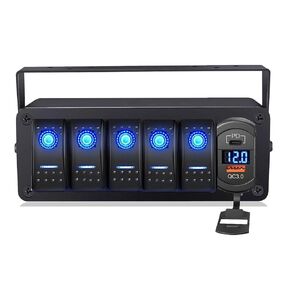 4 Gang Rocker Switch Box with 12V SPST ON Off Switch, QC 3.0 USB Charger, Voltmeter for Boats, Cars, RVs, Trucks