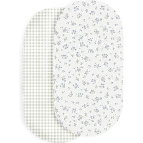 Makemake Organics Organic Cotton Bassinet Sheet (Set of 2) GOTS Certified Organic Bassinet Mattress Cover Fits Hourglass Rectangle Oval - Ultra Soft Breathable (15"x33", Mini Roses + Weaves)