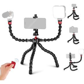 NEEWER T91 Flexible Tripod with Two Magic Arms, Travel Mini Tripod for Vlogging with Shutter/Phone Clamp/Action Camera Mount Compatible with GoPro Hero 12 iPhone 15 14 Pro Max Sony a7c, Max Load 4.4lb