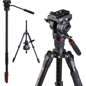67" Video Tripod Monopod with Fluid Head Professional Tripod Lightweight Mount for DSLR Camera, Camcorders, Heavy Duty Tripod, 360°Panoramic Shooting, with 1/4" and 3/8" Screws