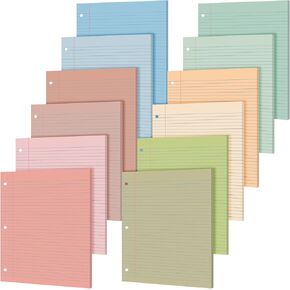 PerKoop 600 Sheets Loose Leaf Paper 8.5" x 11" Colored Filler Paper 12 Pack Lined College Ruled Paper 3 Hole Punched Notebook Paper for Office School Supplies(Retro Color)