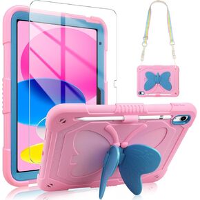 VOFUOE for iPad 10th Generation Case for Kids Girls for iPad 10th 2022 10.9 Cases with Screen Protector Shoulder Strap Butterfly Wings Stand Pencil Holder Rugged Cover for iPad 10th Gen 10.9-Purple