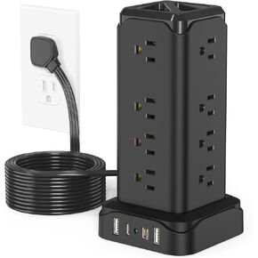 Power Strips with Surge Protection, PASSUS 6FT Flat Extension Cord with Multiple Outlets, 16AC Outlets Tower with 4 USB Ports(2 USB C) Charging Station Tower for Home Office Dorm