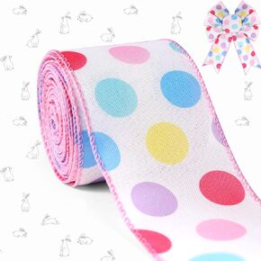 Easter Wired Edge Ribbon, Spring Pastel Polka Dots Ribbon Rainbow Dotted Ribbon for Happy Easter Baby Shower Home Decor DIY Crafts Wreath Gifts Wrapping, 2.5" x 10 Yards, Yellow Edge