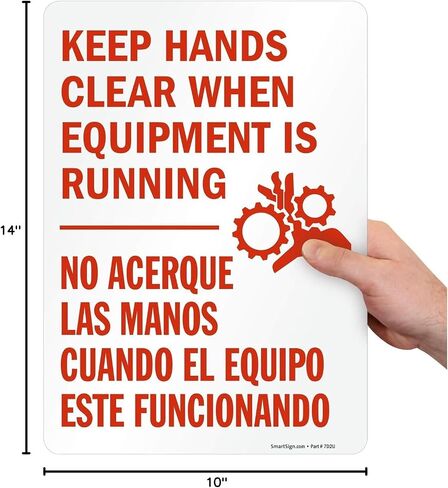 SmartSign "Keep Hands Clear When Equipment is Running" Bilingual Sign | 10" x 14" Plastic in Saudi Arabia