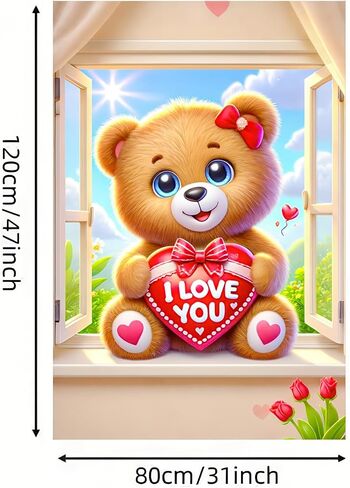 Valentine’s Window Cover Decoration Valentine’s Day Cute Lovely Bear Teddy Hearts Love Balloons Backdrop Photo Background Party Hanging Window Supplies 31×47 inch in Kuwait