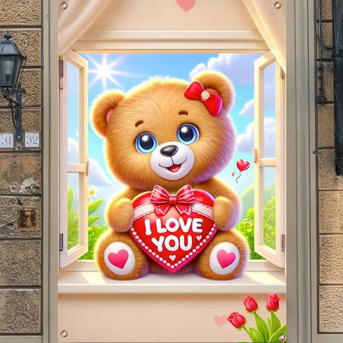 Valentine’s Window Cover Decoration Valentine’s Day Cute Lovely Bear Teddy Hearts Love Balloons Backdrop Photo Background Party Hanging Window Supplies 31×47 inch in Kuwait