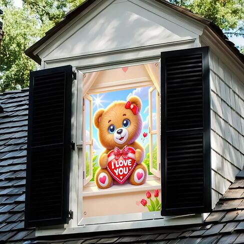 Valentine’s Window Cover Decoration Valentine’s Day Cute Lovely Bear Teddy Hearts Love Balloons Backdrop Photo Background Party Hanging Window Supplies 31×47 inch in Kuwait