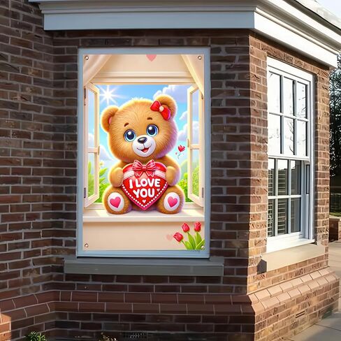 Valentine’s Window Cover Decoration Valentine’s Day Cute Lovely Bear Teddy Hearts Love Balloons Backdrop Photo Background Party Hanging Window Supplies 31×47 inch in Kuwait