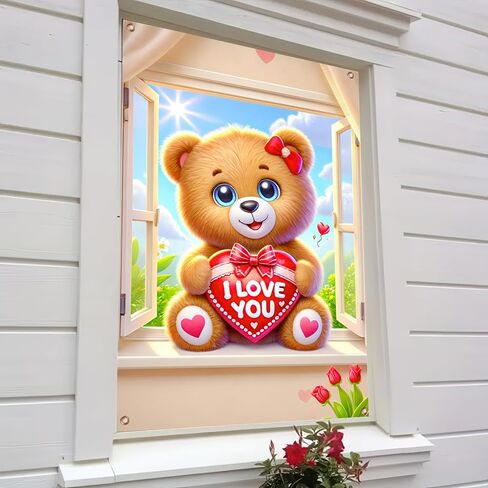 Valentine’s Window Cover Decoration Valentine’s Day Cute Lovely Bear Teddy Hearts Love Balloons Backdrop Photo Background Party Hanging Window Supplies 31×47 inch in Kuwait