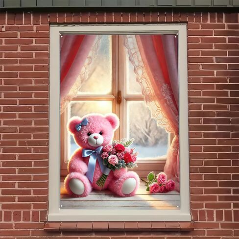 Valentine’s Window Cover Decoration Valentine’s Day Cute Lovely Bear Teddy Hearts Love Balloons Backdrop Photo Background Party Hanging Window Supplies 31×47 inch in Kuwait