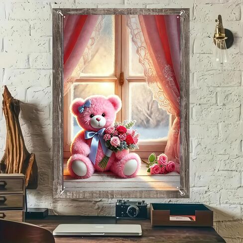 Valentine’s Window Cover Decoration Valentine’s Day Cute Lovely Bear Teddy Hearts Love Balloons Backdrop Photo Background Party Hanging Window Supplies 31×47 inch in Kuwait