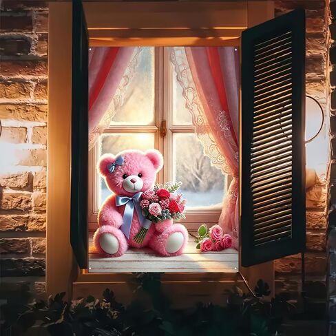 Valentine’s Window Cover Decoration Valentine’s Day Cute Lovely Bear Teddy Hearts Love Balloons Backdrop Photo Background Party Hanging Window Supplies 31×47 inch in Kuwait