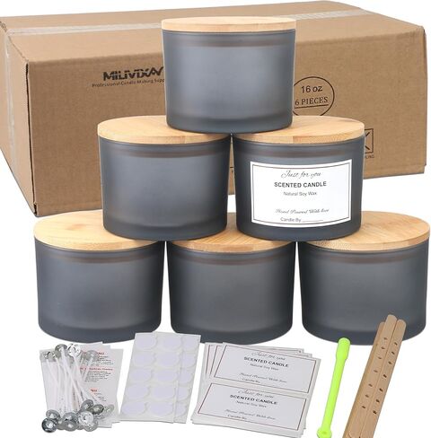 MILIVIXAY 6 Pack 16 oz Candle Jars with Bamboo Lids and Candle Making Kits - 3 Wick Candle Jars,Bulk Empty Clear Thick Glass Candle Jars for Making Large Candles - Spice, Powder Containers. in Kuwait
