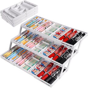 Aobiono Multi Level Smart Drawer Organizer, Multi Tier Expandable Storage Collapsible Foldable Trays for Jewelry, Cosmetics, Makeup, Tools, Battery (White, Double Row - 3 Levels)