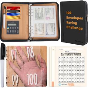 100 Envelope Savings Challenge - 52 Fridays - Money Saving Binder, A5 Leather Zipper Savings Challenges Book with Envelopes & Calculator, Laminated Trackers, 2 Plans Saving Book (Bluegreen)