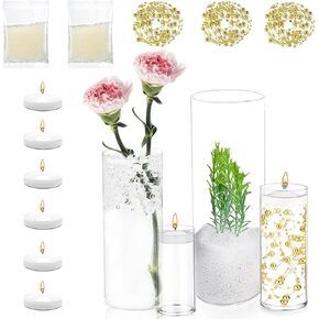 UDU 16 Set Glass Cylinder Vases for Centerpieces with 80000 Clear Water Beads 24 White Floating Candles 12 Pearl String Center Pieces Decoration for Table Table Wedding Party Home