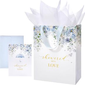 Crisky 13" Large Pink Floral Gift Bag (Showered with Love) with Cards & Tissue Paper for Wedding, Bridal Shower, Engagement Party Favor