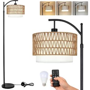 Arc Rattan Floor Lamp for Living Room with Remote,Black Floor Lamps with 3 Color Temperature Dimmable Bulb,Farmhouse Boho Standing Lamp with Wicker Shade,Adjustable Tall Lamp for Bedroom Office Corner