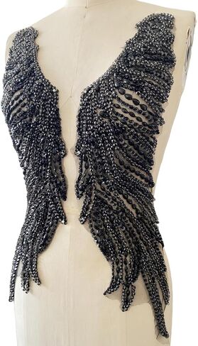 Pure Handmade Rhinestones lace Applique sew on Beads Sequins Trim Patches Accessories for Girl Dress Clothing 1 Pair/Set 5.5X20.8inches (Champagne) in Kuwait