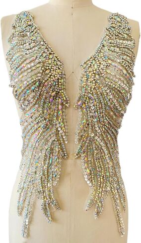 Pure Handmade Rhinestones lace Applique sew on Beads Sequins Trim Patches Accessories for Girl Dress Clothing 1 Pair/Set 5.5X20.8inches (Champagne) in Kuwait
