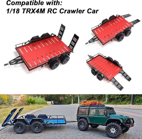 RC Trailer for Hauling Behind RC Car, 4 Wheels Metal Flatbed Trailer with Hook Hitch for TRX4M 1/18 RC Crawler Car (Blue) in Kuwait