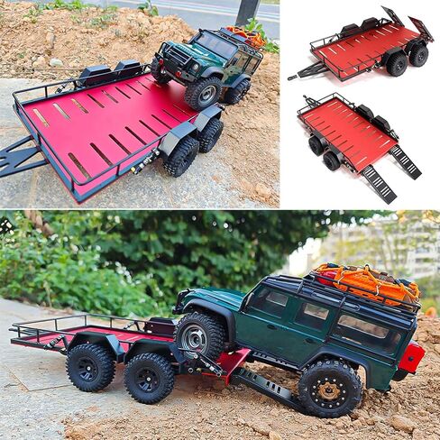 RC Trailer for Hauling Behind RC Car, 4 Wheels Metal Flatbed Trailer with Hook Hitch for TRX4M 1/18 RC Crawler Car (Blue) in Kuwait