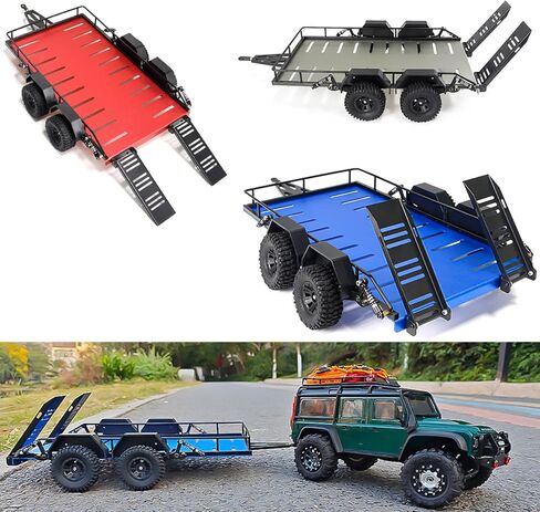 RC Trailer for Hauling Behind RC Car, 4 Wheels Metal Flatbed Trailer with Hook Hitch for TRX4M 1/18 RC Crawler Car (Blue) in Kuwait