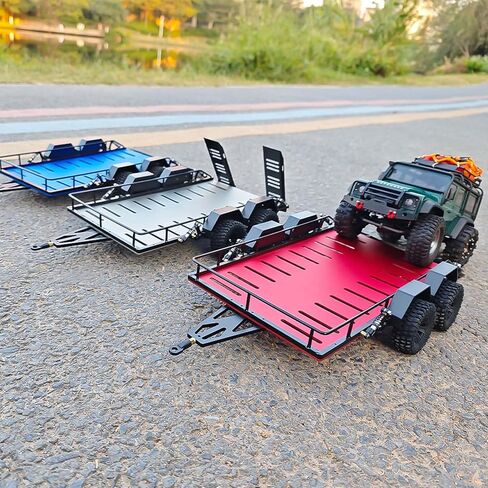 RC Trailer for Hauling Behind RC Car, 4 Wheels Metal Flatbed Trailer with Hook Hitch for TRX4M 1/18 RC Crawler Car (Blue) in Kuwait
