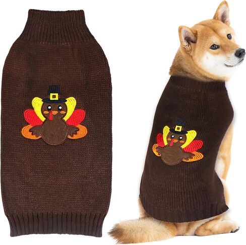Dog Thanksgiving Sweater, Knitted Thanksgiving Fall Dog Sweater Dog Thanksgiving Outfit Clothes Holiday Dog Sweater for Small Medium Large Dogs Pets (Dark Brown, Medium) in Kuwait