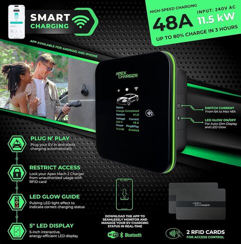 MACH I: Fast 48 Amp Level 2 EV Charger, Wall-Mount Electric Vehicle Charging Station, 200-240V Hardwire or NEMA 14-50. J1772 car Connector & Tesla NACS, Indoor/Outdoor, 30ft Cable evse Adapter in Saudi Arabia