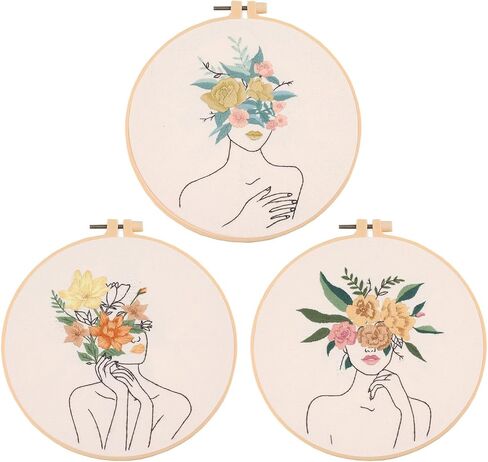 Chenflying Embroidery Starter Kits, 1/3 Sets Art Embroidery Kits for Beginners Adults Kids with Embroidery Hoops Threads Needles and Instructions (White1) in Kuwait