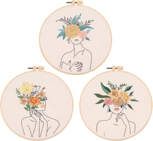 Chenflying Embroidery Starter Kits, 1/3 Sets Art Embroidery Kits for Beginners Adults Kids with Embroidery Hoops Threads Needles and Instructions (White1) in Kuwait