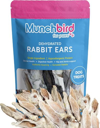 Dehydrated Rabbit Ears 100g (3.5 oz) 12-15 pcs for Dogs & Cats, European Furry Rabbit Ear Natural Fiber for Dogs, Rawhide Free Alternative to Pig Ears for Dogs, Ear Size Varies in Kuwait