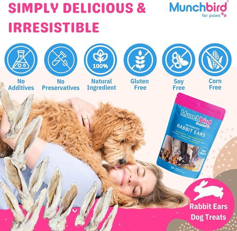 Dehydrated Rabbit Ears 100g (3.5 oz) 12-15 pcs for Dogs & Cats, European Furry Rabbit Ear Natural Fiber for Dogs, Rawhide Free Alternative to Pig Ears for Dogs, Ear Size Varies in Kuwait