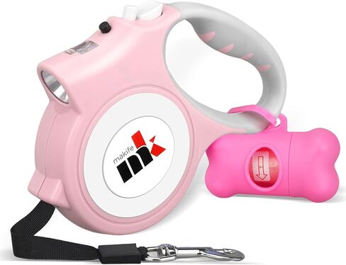 Retractable Dog Leash with LED Light Makife 5m Extendable Dog Lead for Small Medium Puppis up to 25kgs, One-Hand Brake & Lock System, Ergonomic Handle - Black in Saudi Arabia