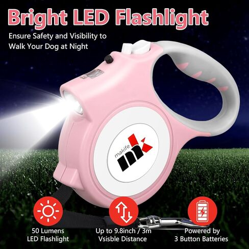 Retractable Dog Leash with LED Light Makife 5m Extendable Dog Lead for Small Medium Puppis up to 25kgs, One-Hand Brake & Lock System, Ergonomic Handle - Black in Saudi Arabia