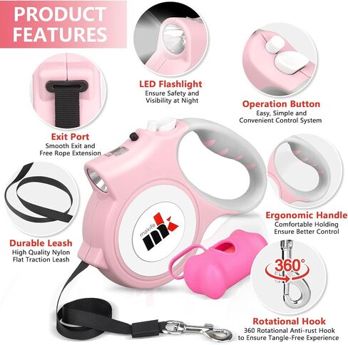 Retractable Dog Leash with LED Light Makife 5m Extendable Dog Lead for Small Medium Puppis up to 25kgs, One-Hand Brake & Lock System, Ergonomic Handle - Black in Saudi Arabia