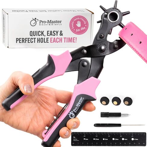 Pro-Master Belt Hole Puncher for Leather - Heavy Duty Rotary Leather Punch Tool for Belts, Watch Bands & Bags - Double Lever Action, Ergonomic Cushioned Non-Slip Handles - 2mm to 4.5mm Punching Kit in Kuwait