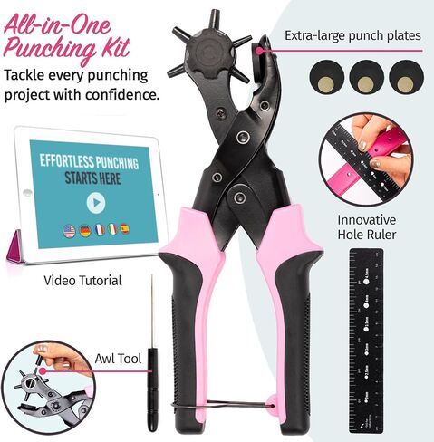 Pro-Master Belt Hole Puncher for Leather - Heavy Duty Rotary Leather Punch Tool for Belts, Watch Bands & Bags - Double Lever Action, Ergonomic Cushioned Non-Slip Handles - 2mm to 4.5mm Punching Kit in Kuwait