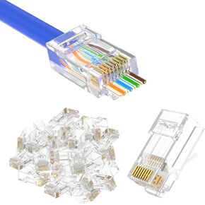 VCE Cat6 RJ45 Pass Through Connectors 100-Pack, 3-Prong 50u Gold Plated Ethernet Crimp Modular Plugs for Solid or Stranded UTP Cable,UL Listed, Support POE
