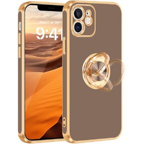 حافظة Fingic لهاتف iPhone 12 مع حامل حلقي قابل للدوران 360 درجة ومسند مغناطيسي، حافة ذهبية لامعة، غطاء واقٍ ناعم نحيف من مادة TPU مقاوم للصدمات للنساء والرجال، أبيض