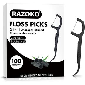 Natural Dental Floss Picks High Toughness Charcoal Toothpicks Sticks-Vegan,Eco-Friendly Sustainable Flossers for Teeth Cleaning (200 Count)