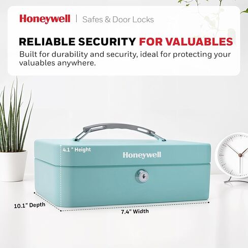Honeywell Safes & Door Locks - Standard Small Cash Box with Removable Money Tray - Storage Under Tray & 5 Coin Slots - Durable Metal Safe with Key Lock - Saving Money Lock Box - Black, 0.14 CU - 6112 in Kuwait